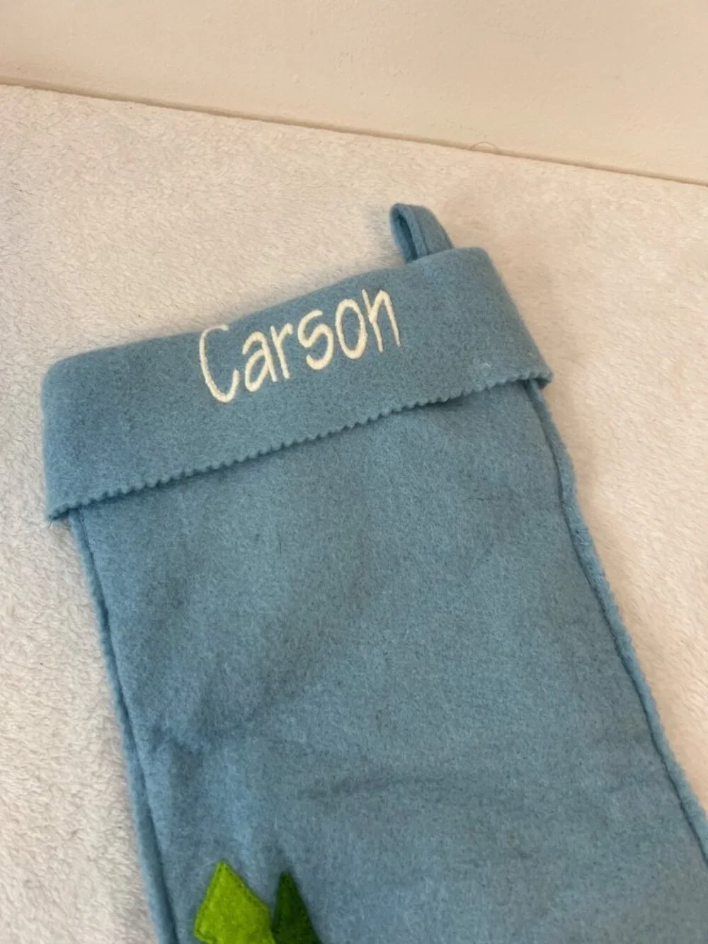 Garnet Hill Wool Christmas Stocking Light Blue Santa Snowboarding 24